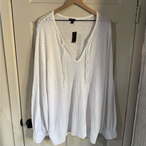 Torrid Pointelle White Tie Neck Lightweight Sweater Pullover - Picture 5 of 9